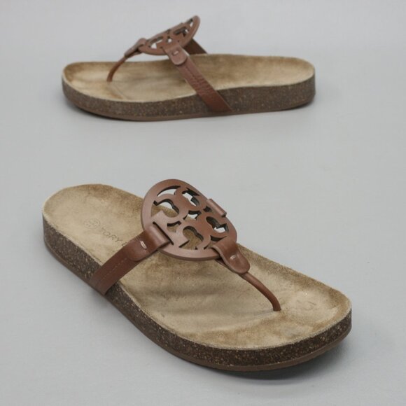 Tory Burch Ladies 8.5 Miller Cloud Cuoio Brown Calf Leather Cork Thongs Sandals - Picture 1 of 12